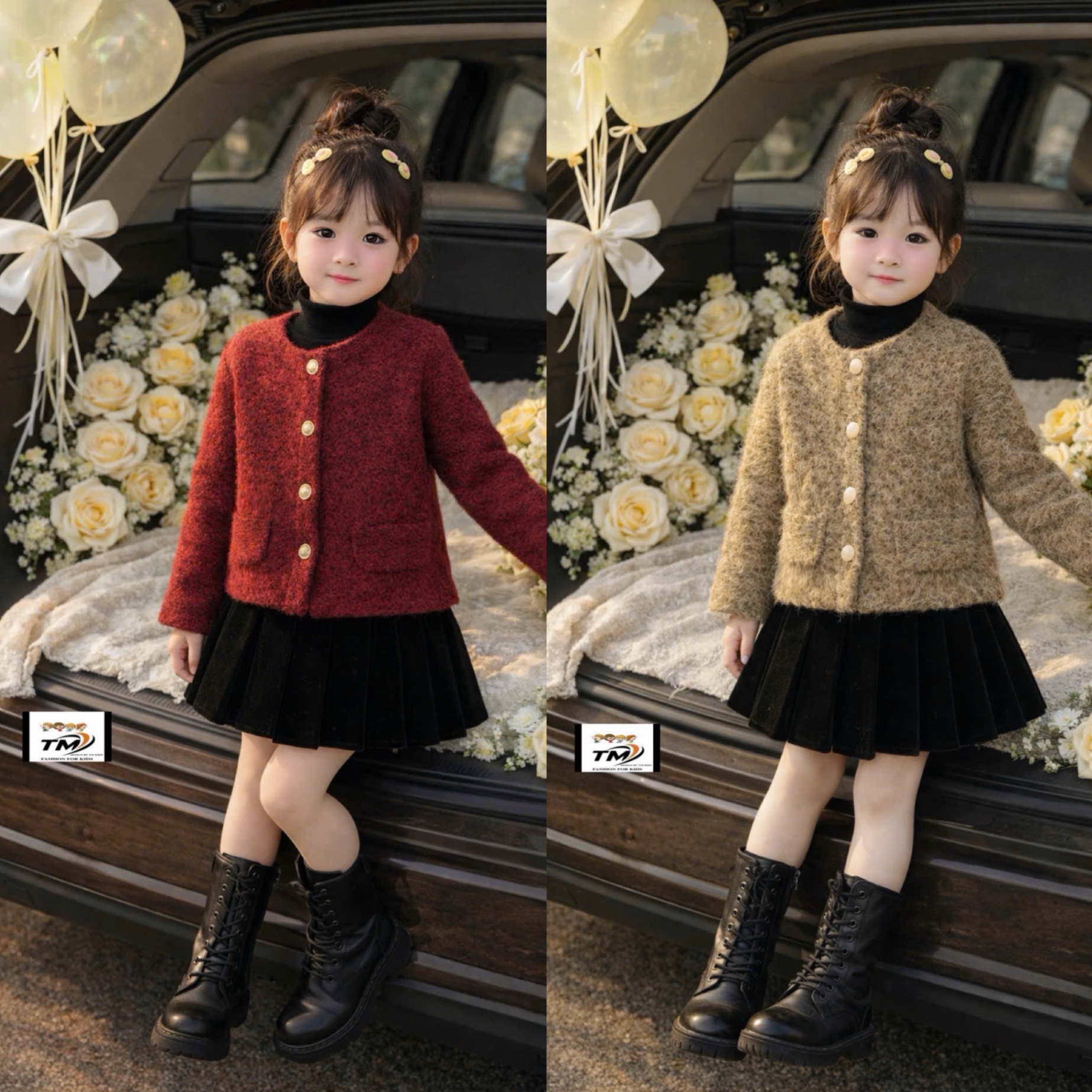 Sét bộ dạ nâu đỏ chân váy xếp ly bé gái