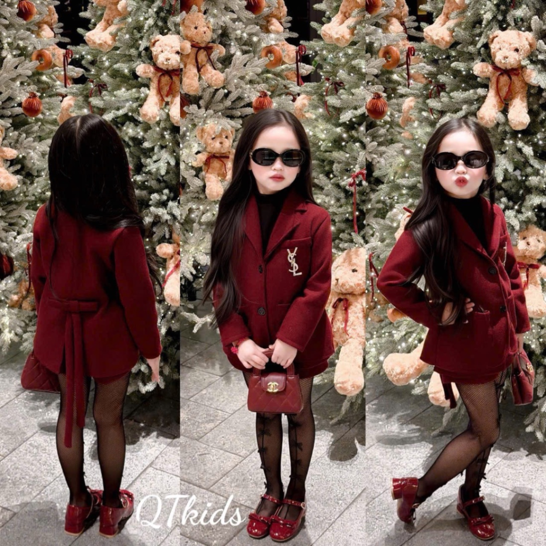 Sét dạ đỏ kèm tag cài quần sooc giả váy bé gái