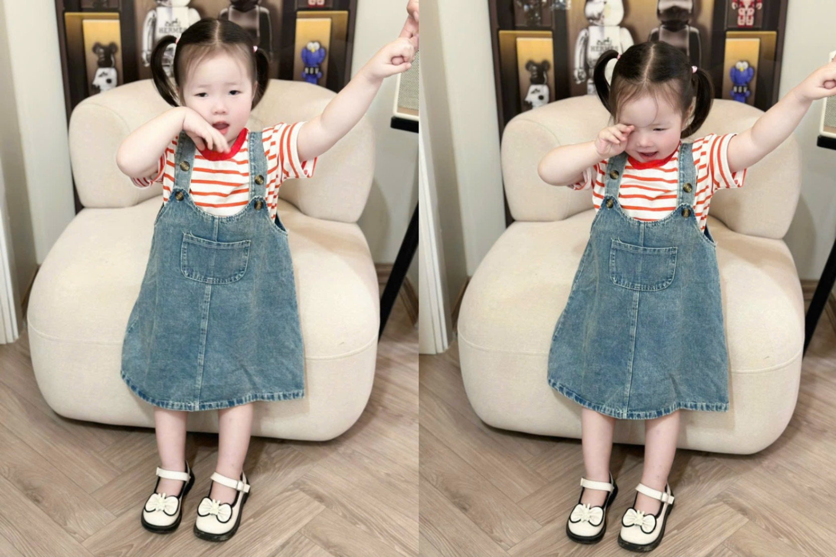 Sét váy bò kèm áo kẻ bé gái