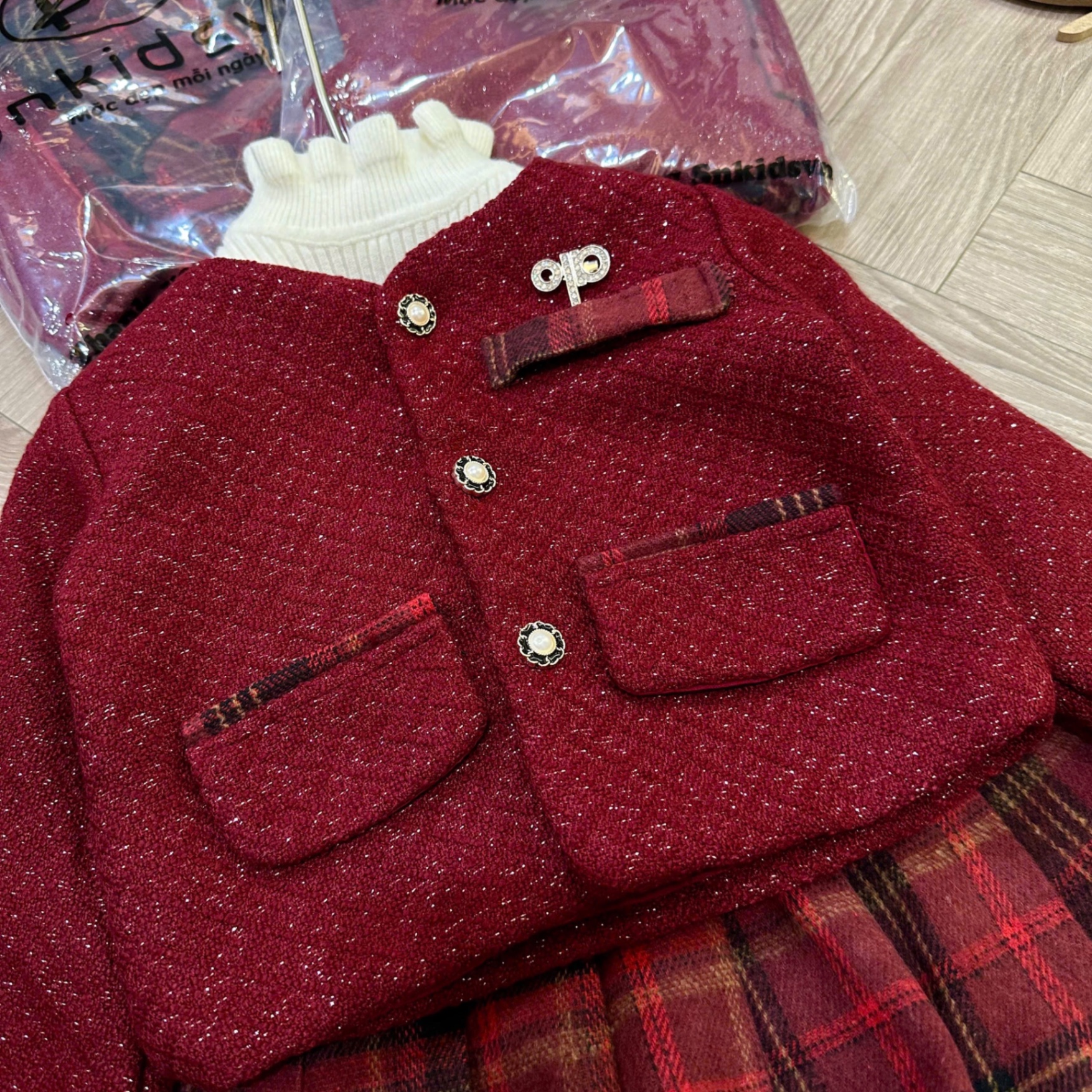 Sét bộ áo dạ đỏ cv kẻ caro sn bé gái