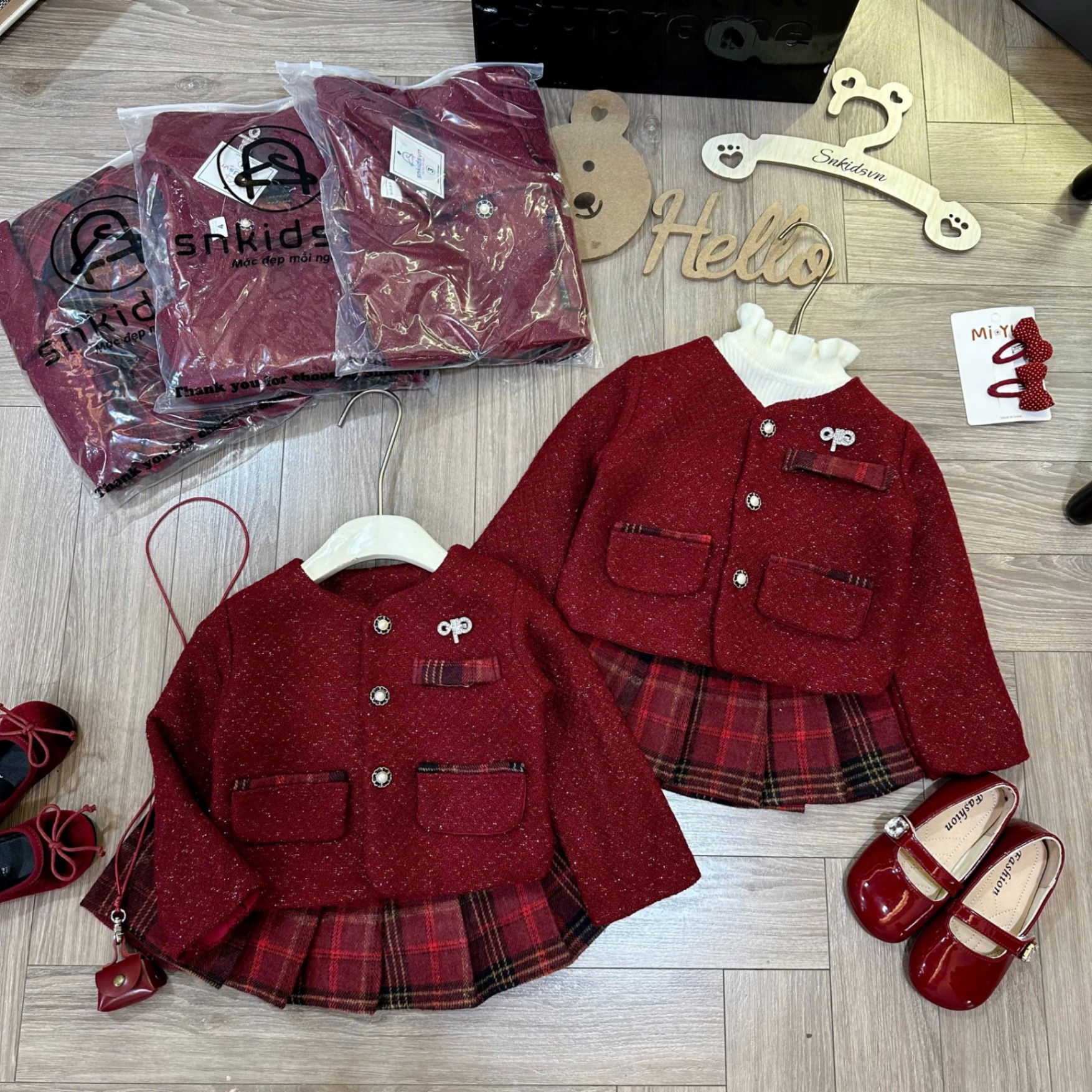 Sét bộ áo dạ đỏ cv kẻ caro sn bé gái
