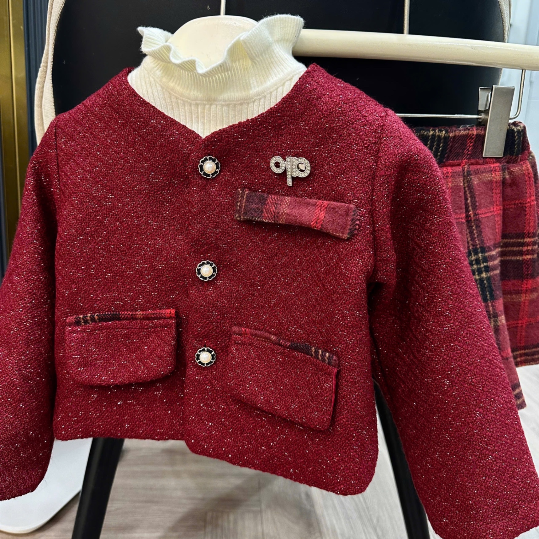 Sét bộ áo dạ đỏ cv kẻ caro sn bé gái