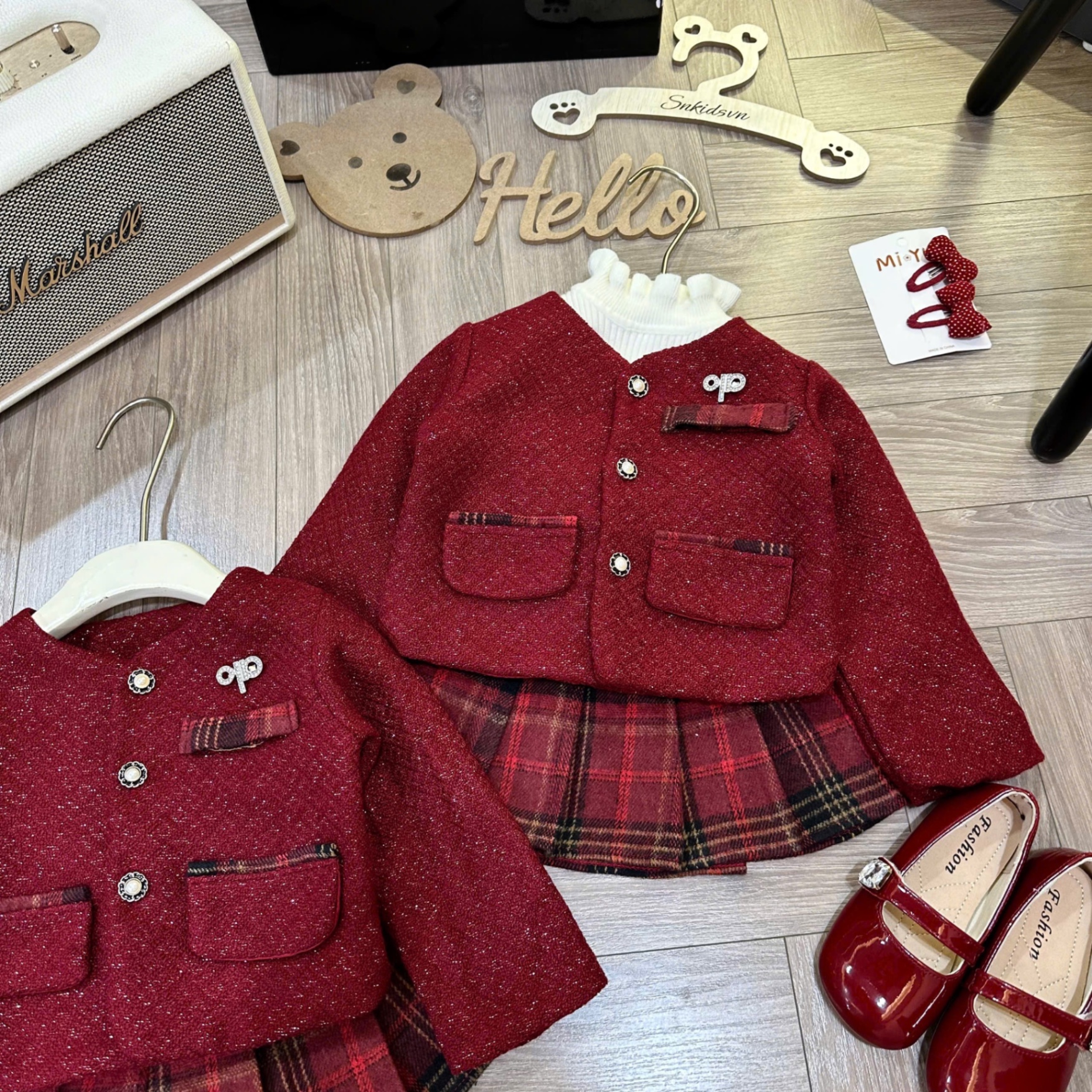 Sét bộ áo dạ đỏ cv kẻ caro sn bé gái