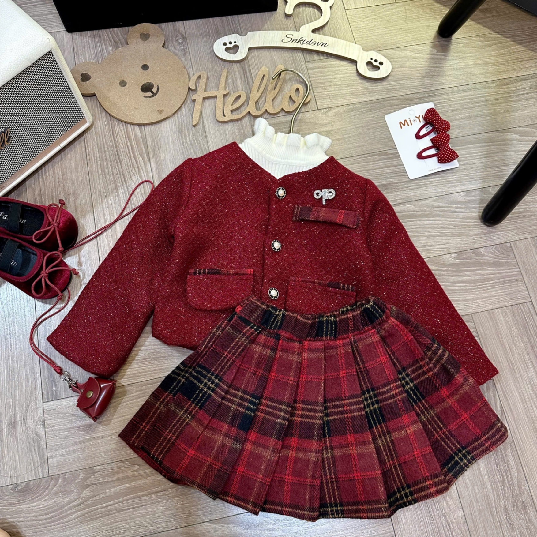 Sét bộ áo dạ đỏ cv kẻ caro sn bé gái