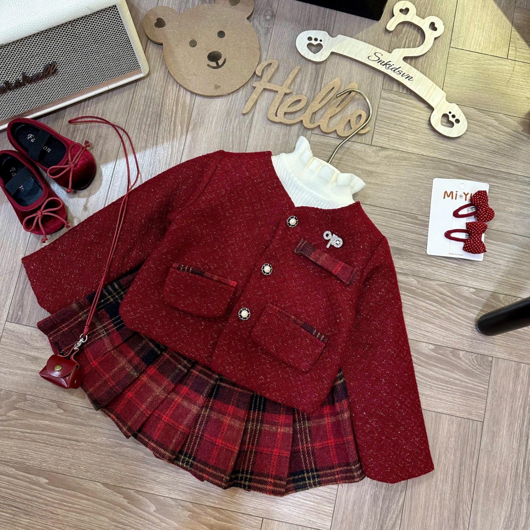 Sét bộ áo dạ đỏ cv kẻ caro sn bé gái