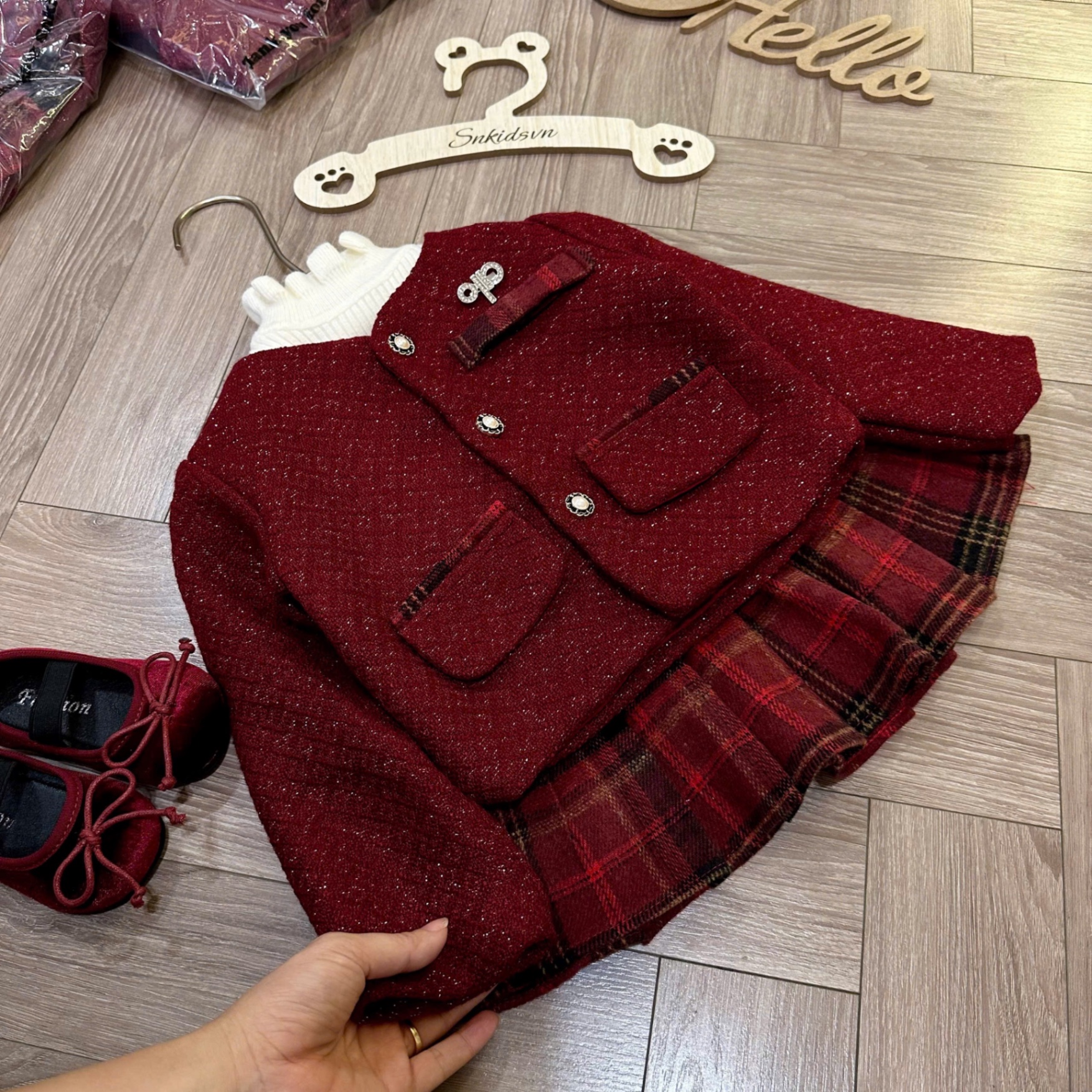 Sét bộ áo dạ đỏ cv kẻ caro sn bé gái