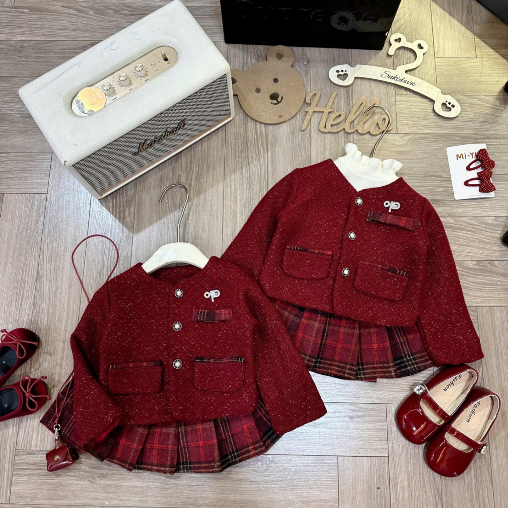 Sét bộ áo dạ đỏ cv kẻ caro sn bé gái