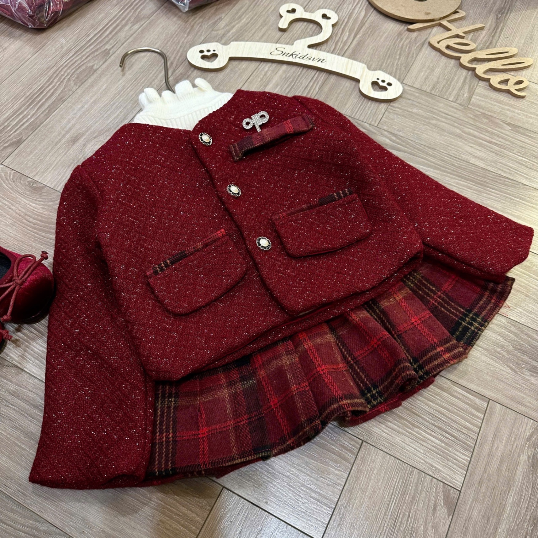 Sét bộ áo dạ đỏ cv kẻ caro sn bé gái