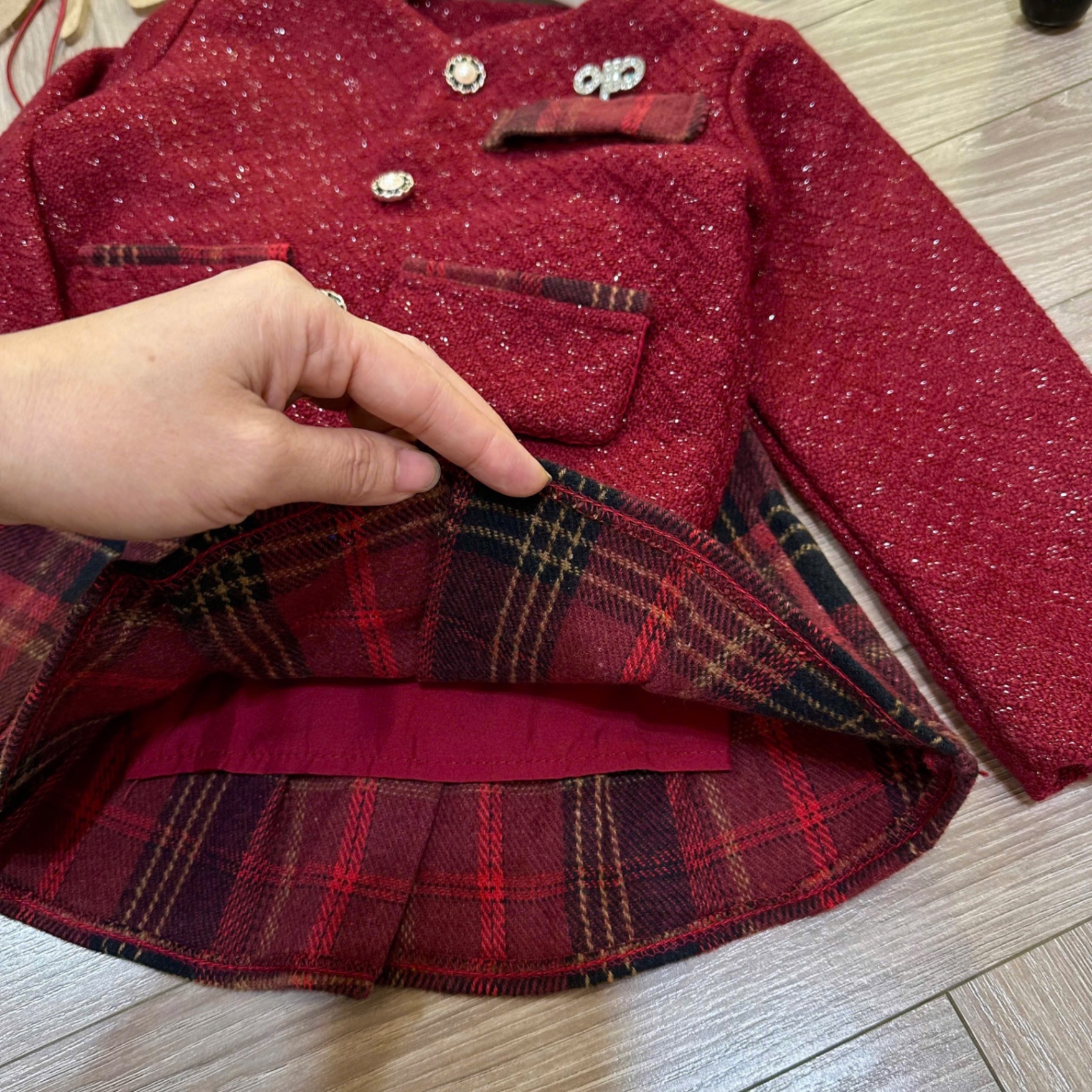 Sét bộ áo dạ đỏ cv kẻ caro sn bé gái