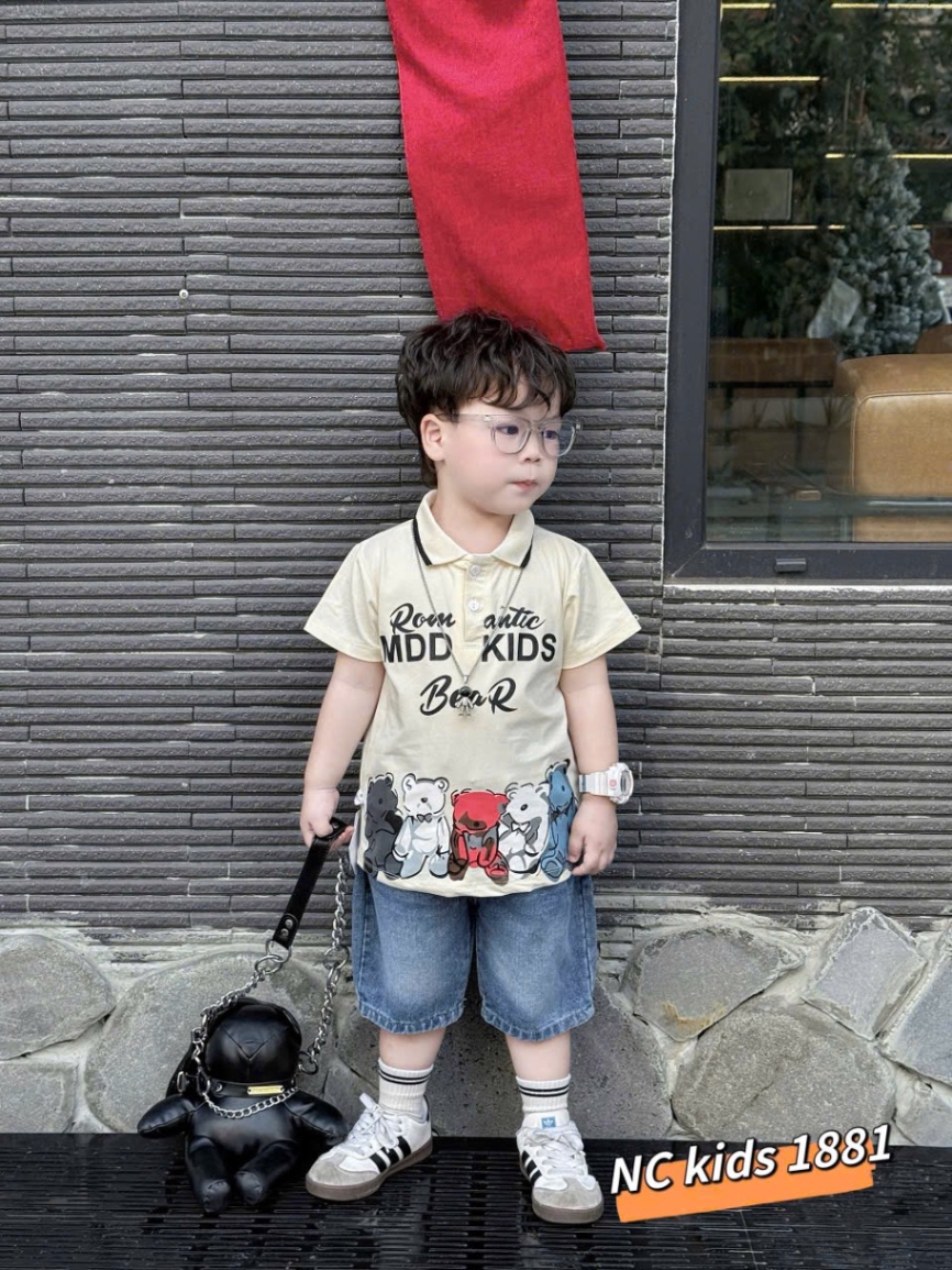 Sét áo gấu bear kem quần sooc bé trai