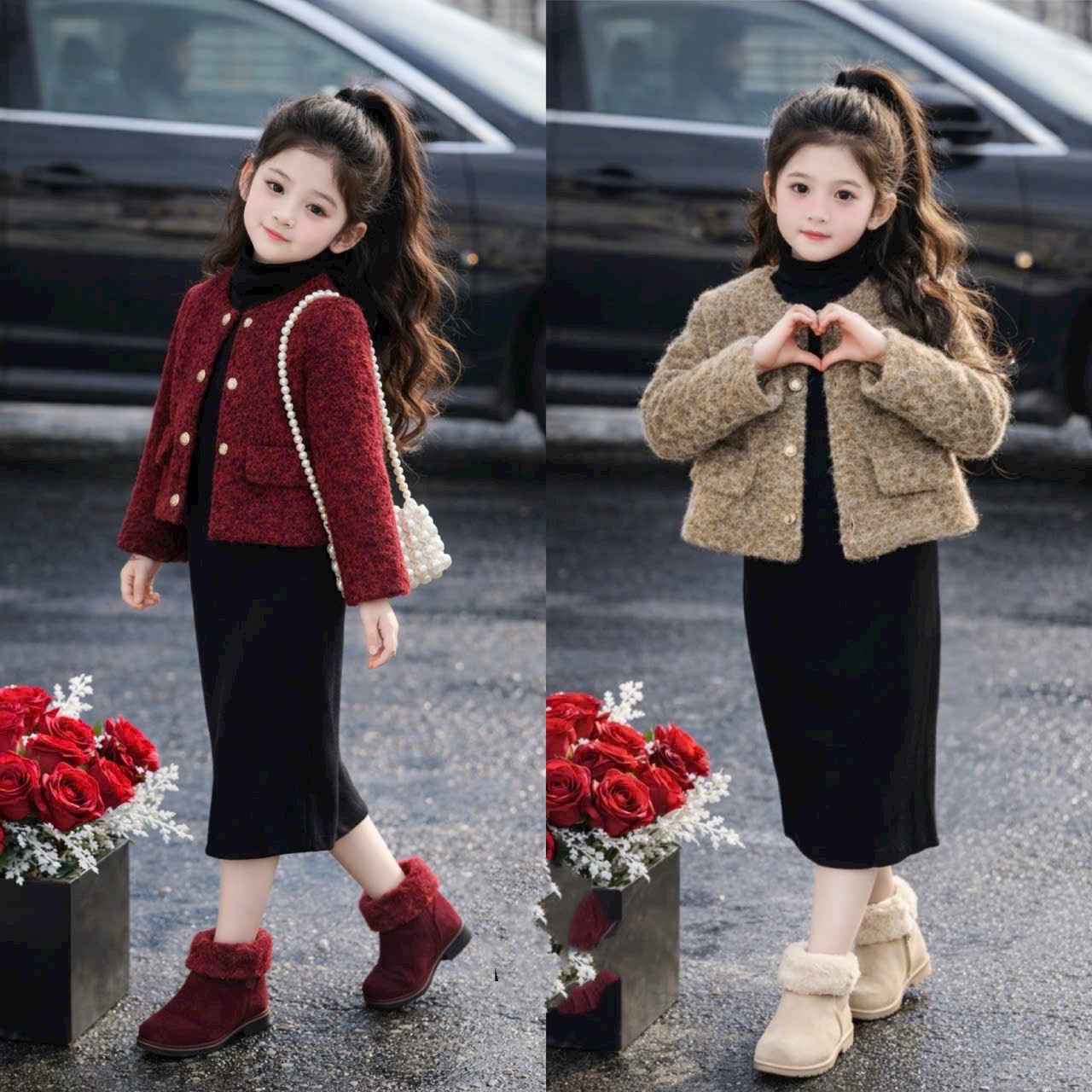 Sét áo dạ kèm váy đen dài tay bé gái (nâu đỏ)