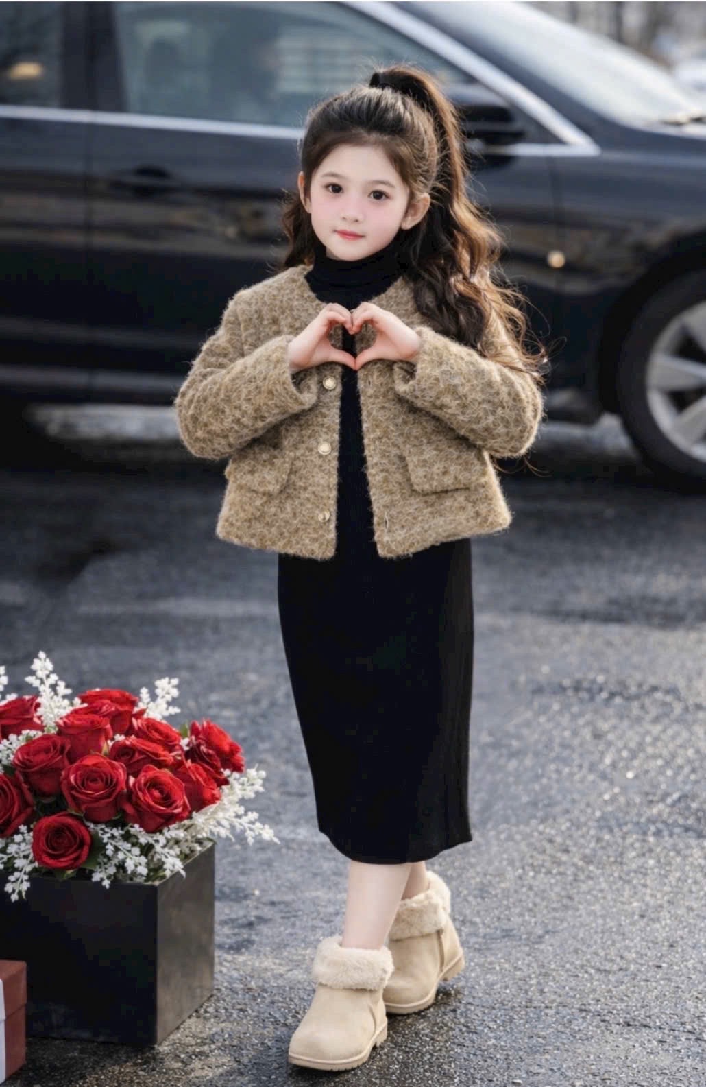 Sét áo dạ kèm váy đen dài tay bé gái (nâu đỏ)