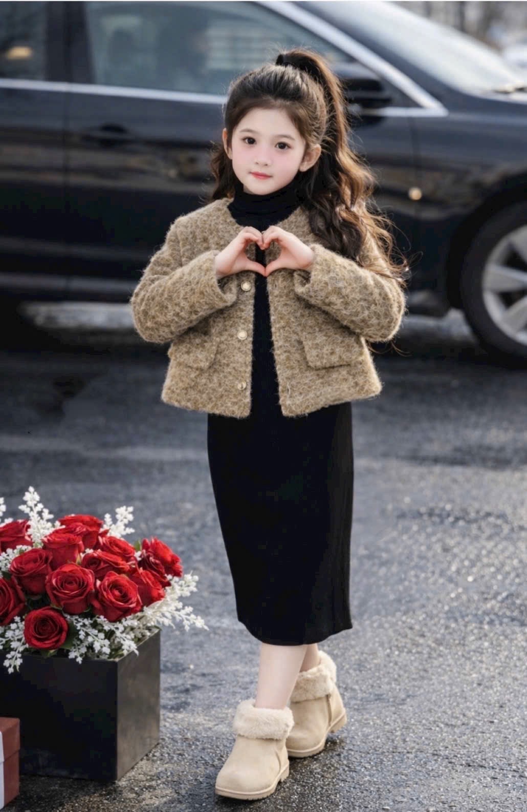 Sét áo dạ kèm váy đen dài tay bé gái (nâu đỏ)