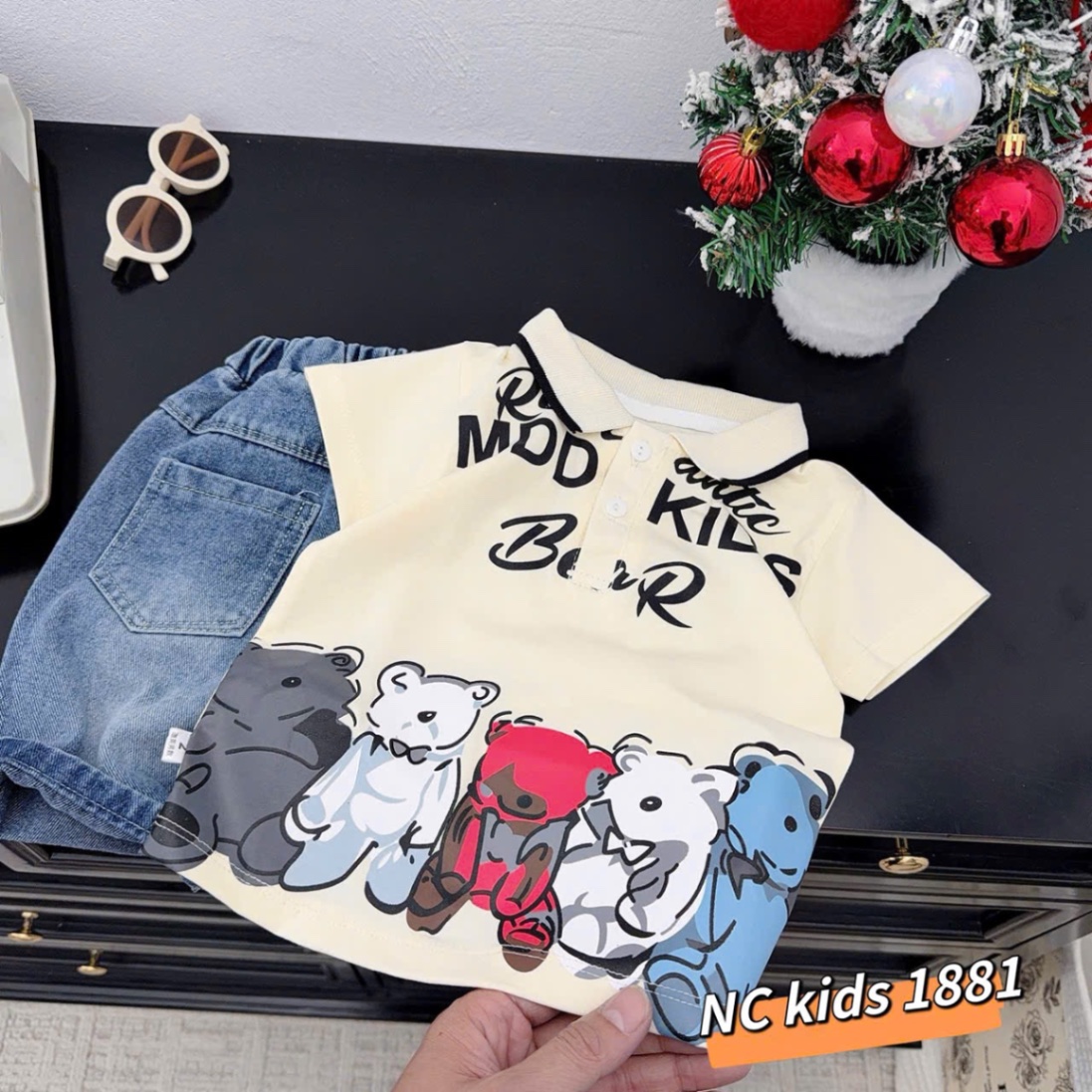 Sét áo gấu bear kem quần sooc bé trai