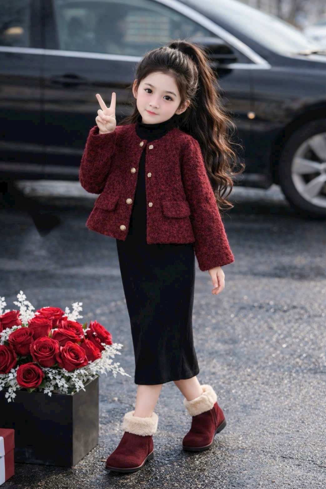 Sét áo dạ kèm váy đen dài tay bé gái (nâu đỏ)