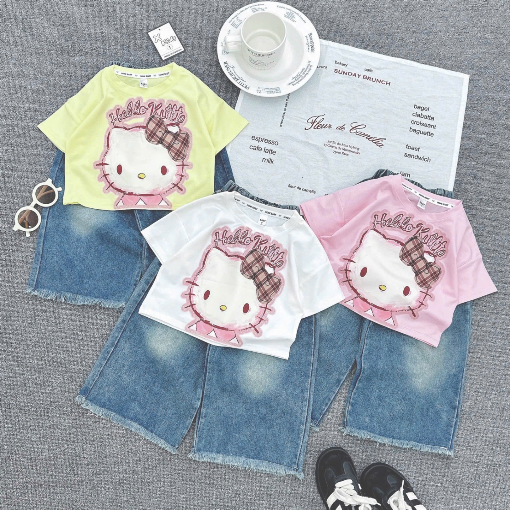 Sét bộ áo kitty quần bò xuông dài bé gái