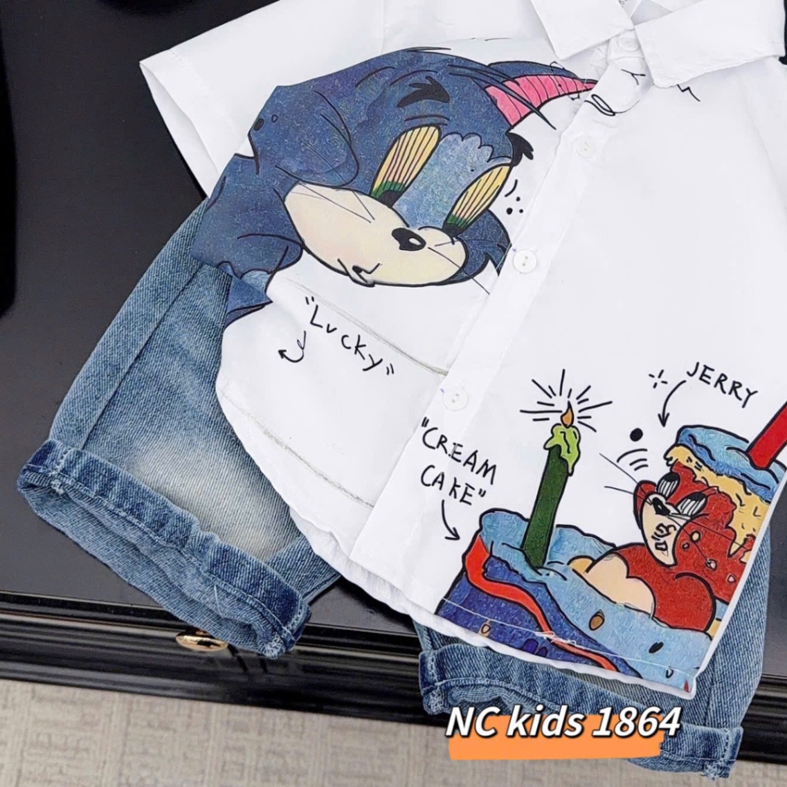 Sét sơ mi hình to quần sooc bò bé trai