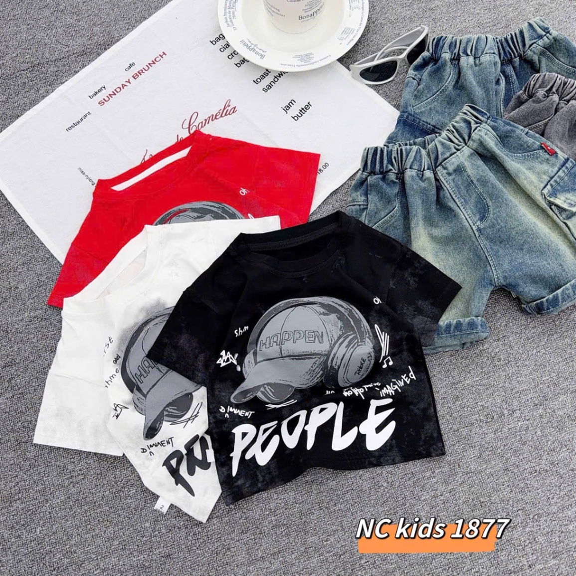 Sét bộ mũ chữ quần sooc bò cho bé trai