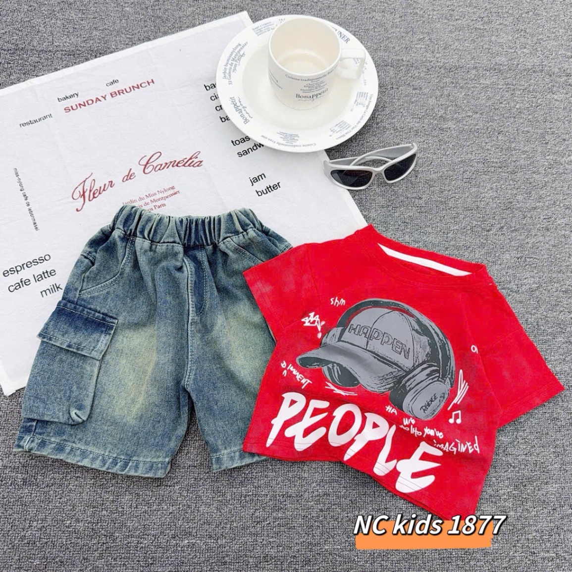 Sét bộ mũ chữ quần sooc bò cho bé trai