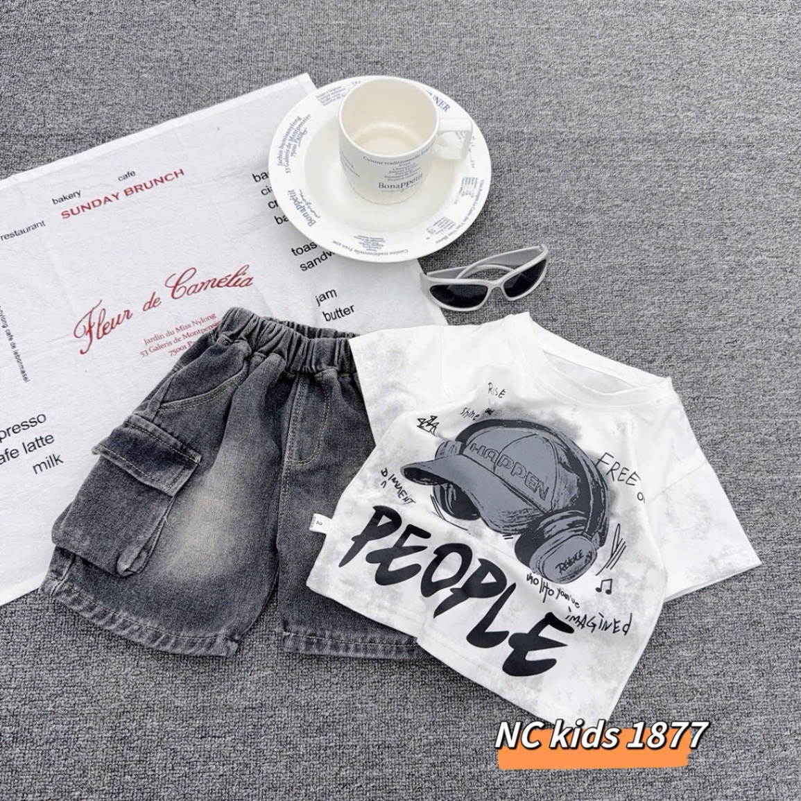 Sét bộ mũ chữ quần sooc bò cho bé trai