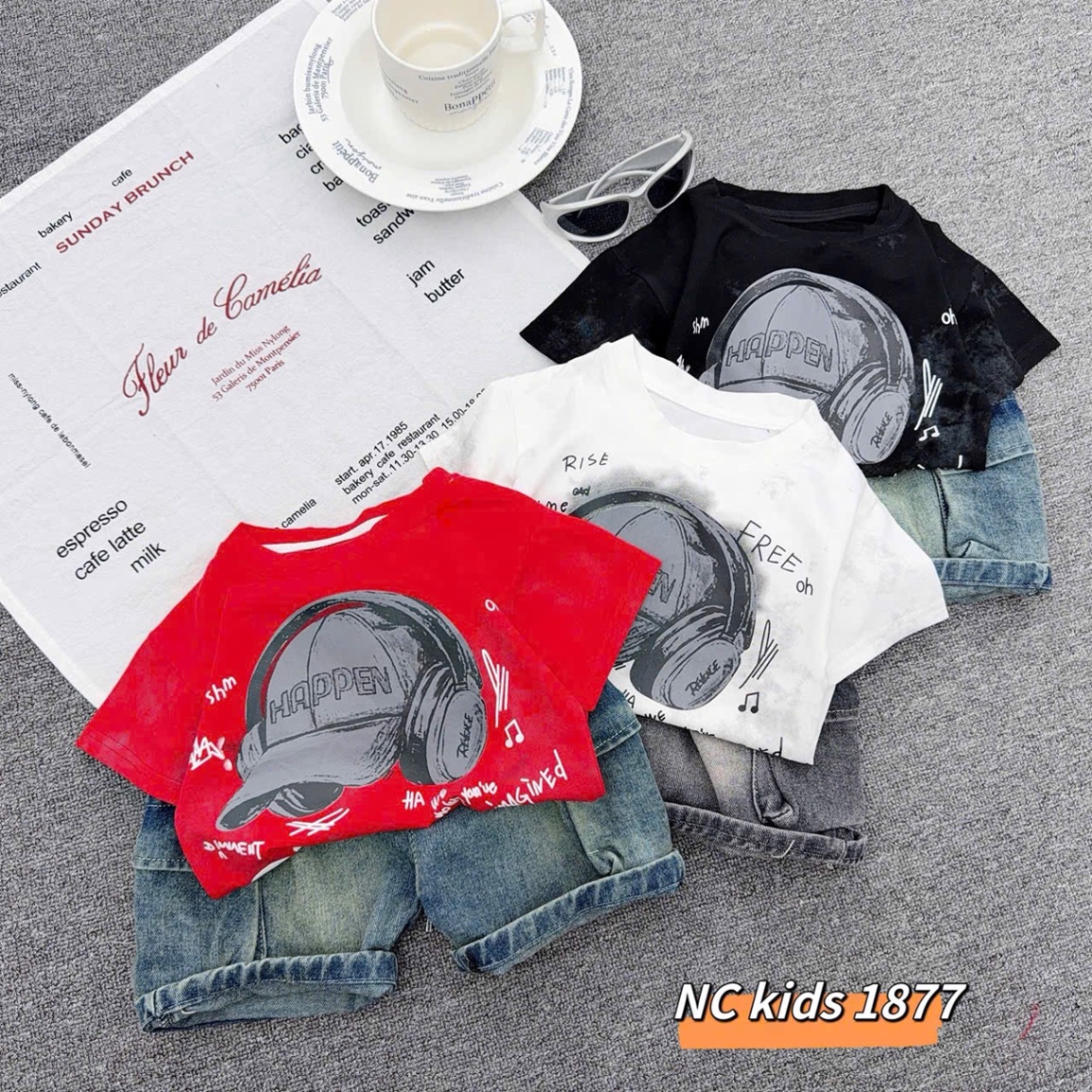 Sét bộ mũ chữ quần sooc bò cho bé trai