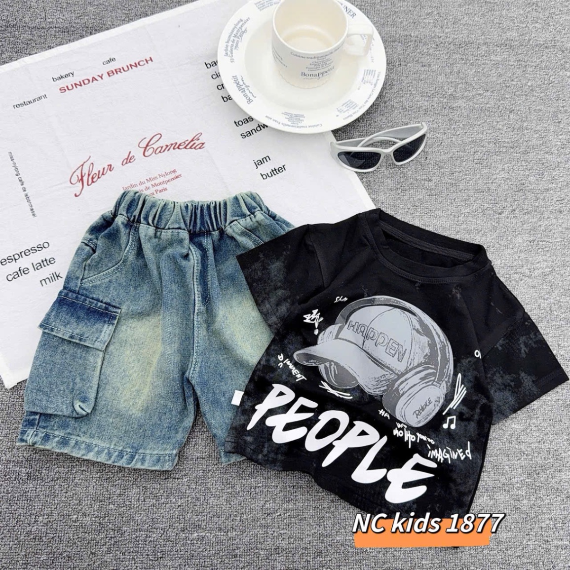 Sét bộ mũ chữ quần sooc bò cho bé trai