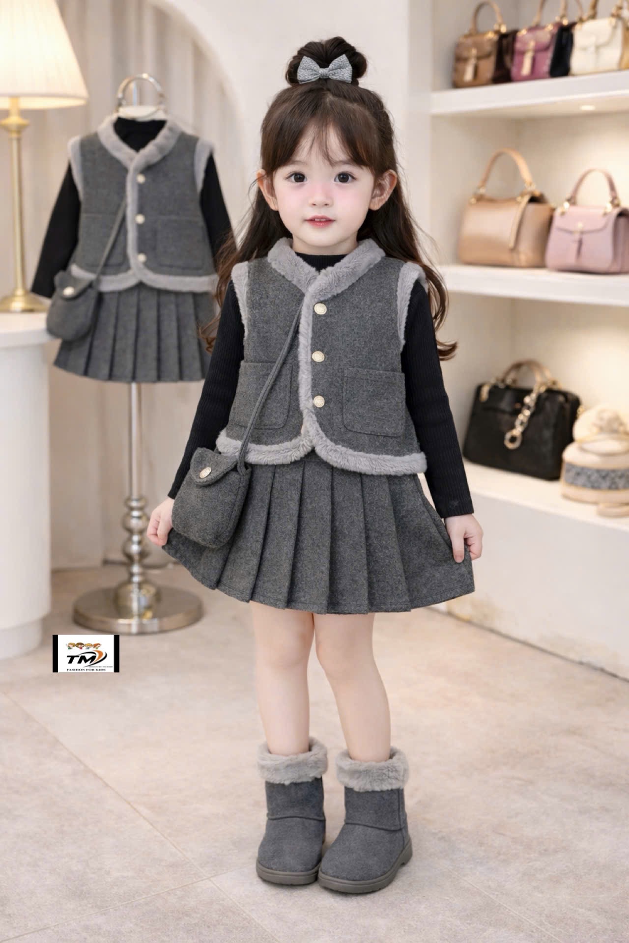 Sét dạ 3 chi tiết viền lông tm bé gái