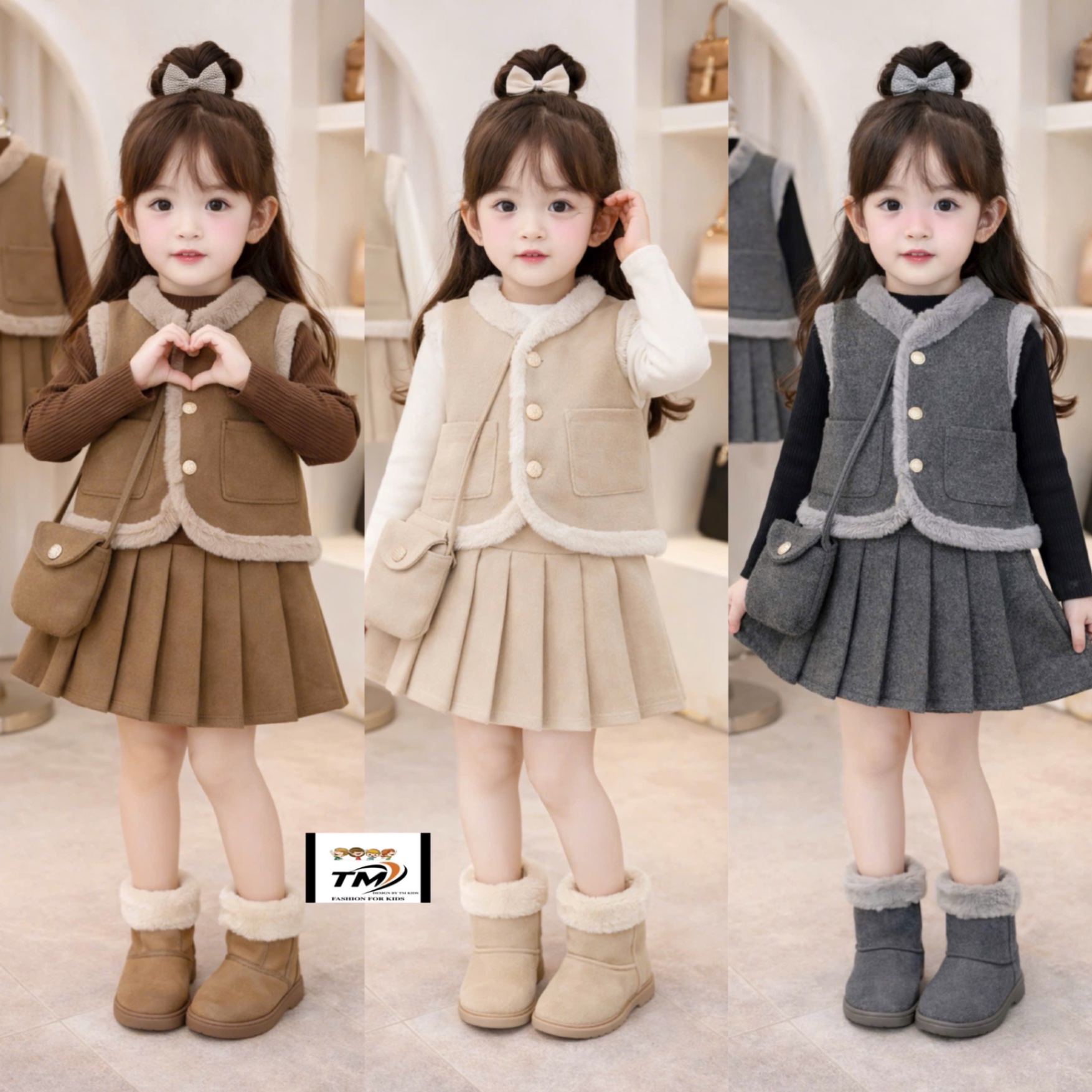 Sét dạ 3 chi tiết viền lông tm bé gái