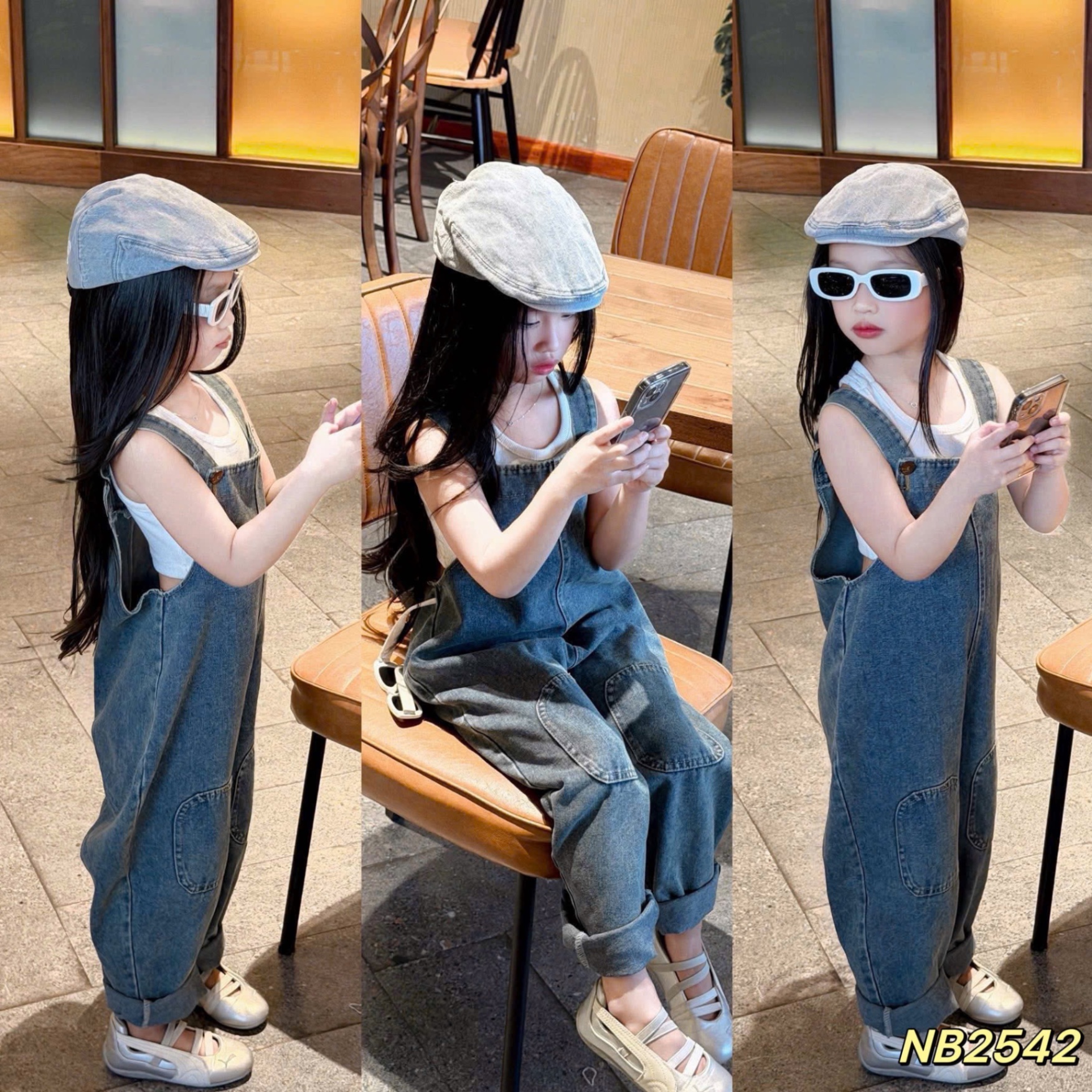 Sét yếm jean kèm áo croptop bé gái