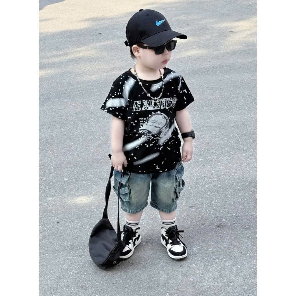 Sét áo mũ loang quần sooc bò bé trai