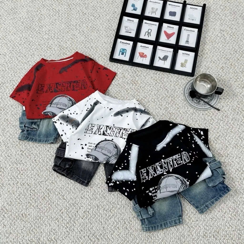 Sét áo mũ loang quần sooc bò bé trai