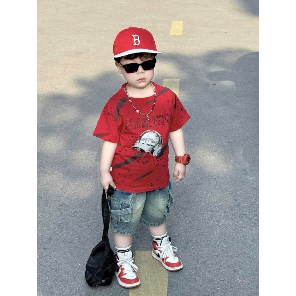 Sét áo mũ loang quần sooc bò bé trai