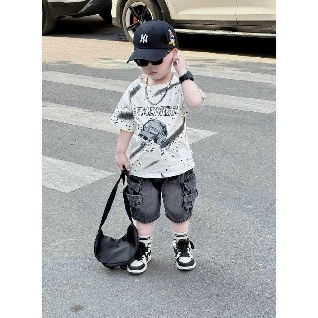 Sét áo mũ loang quần sooc bò bé trai