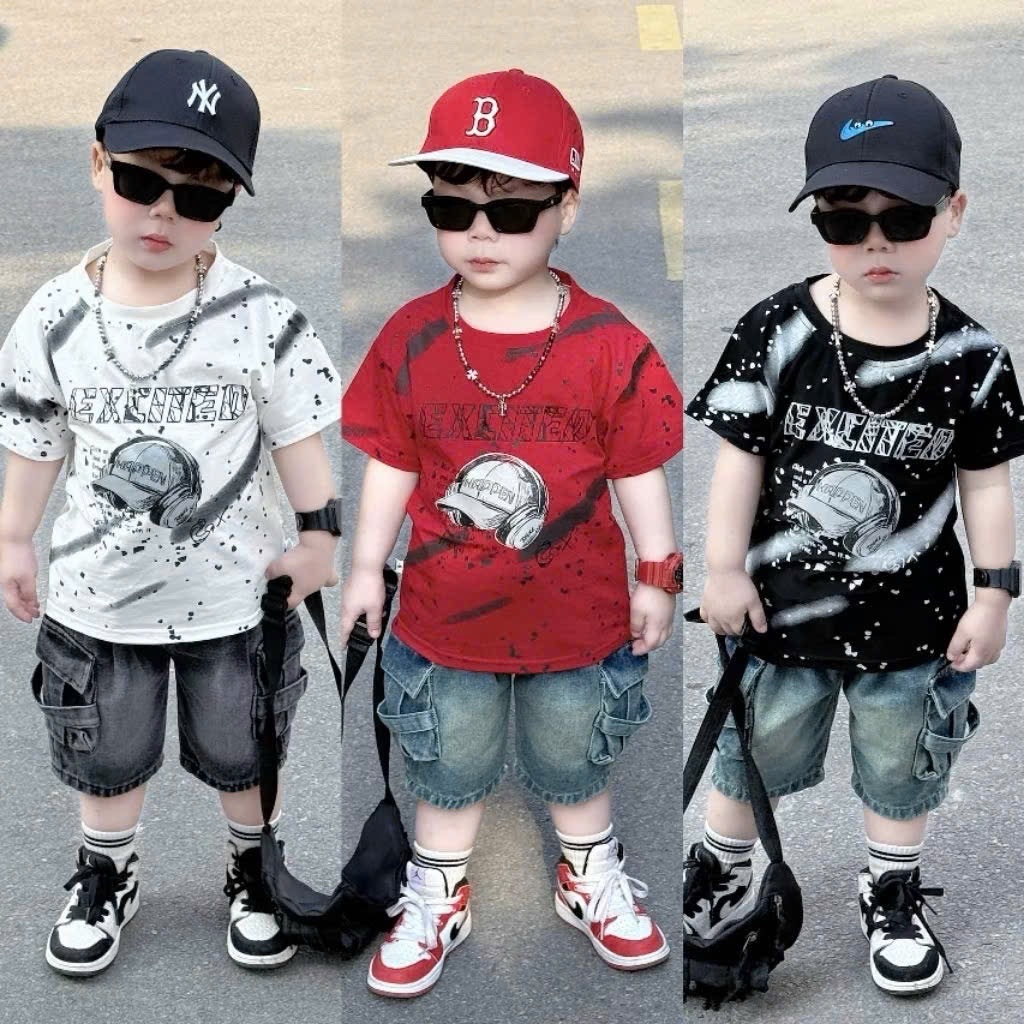 Sét áo mũ loang quần sooc bò bé trai