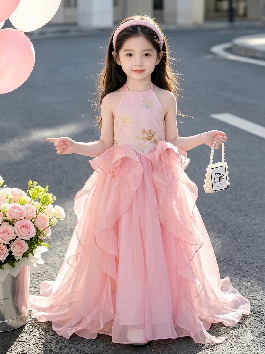 SÉT BỘ ÁO YẾM TRUNG THU ĐỎ CV DÀI BÉ GÁI KÈM BỜM BÉ GÁI