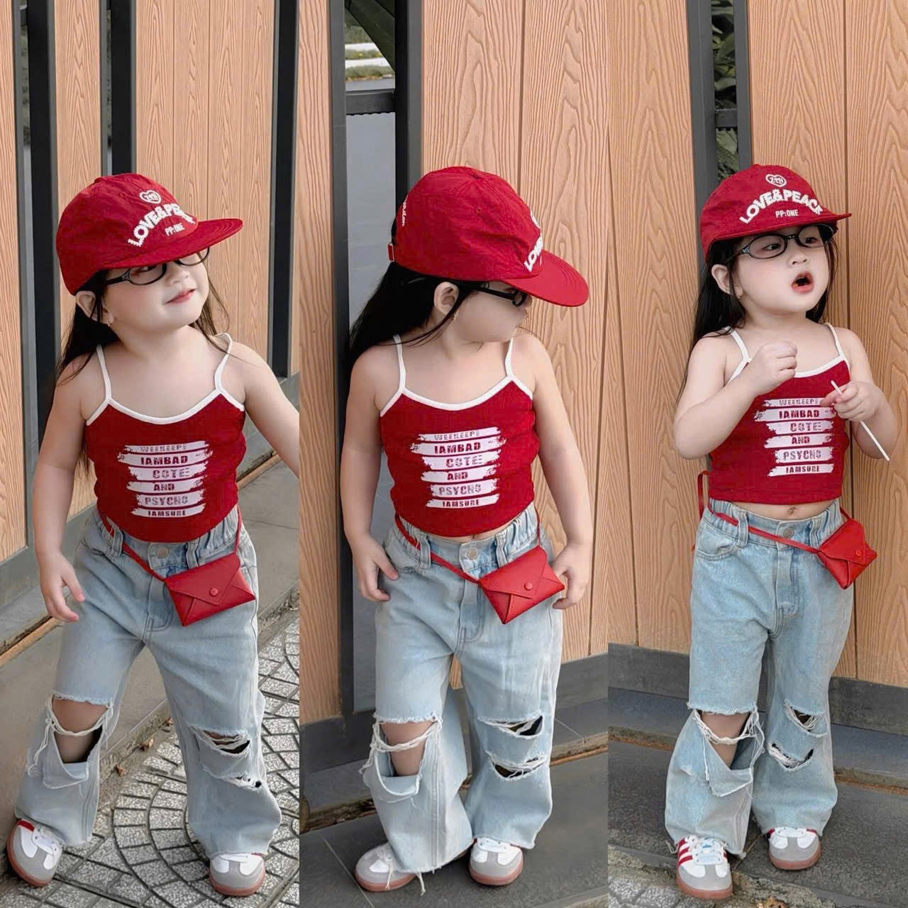 Sét áo 2 dây chữ đỏ quần bò rách xuông bé gái kèm mũ