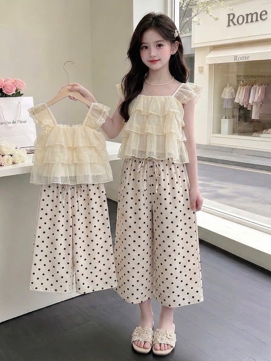 Sét áo 2 dây tầng quần xuông chấm bi sn