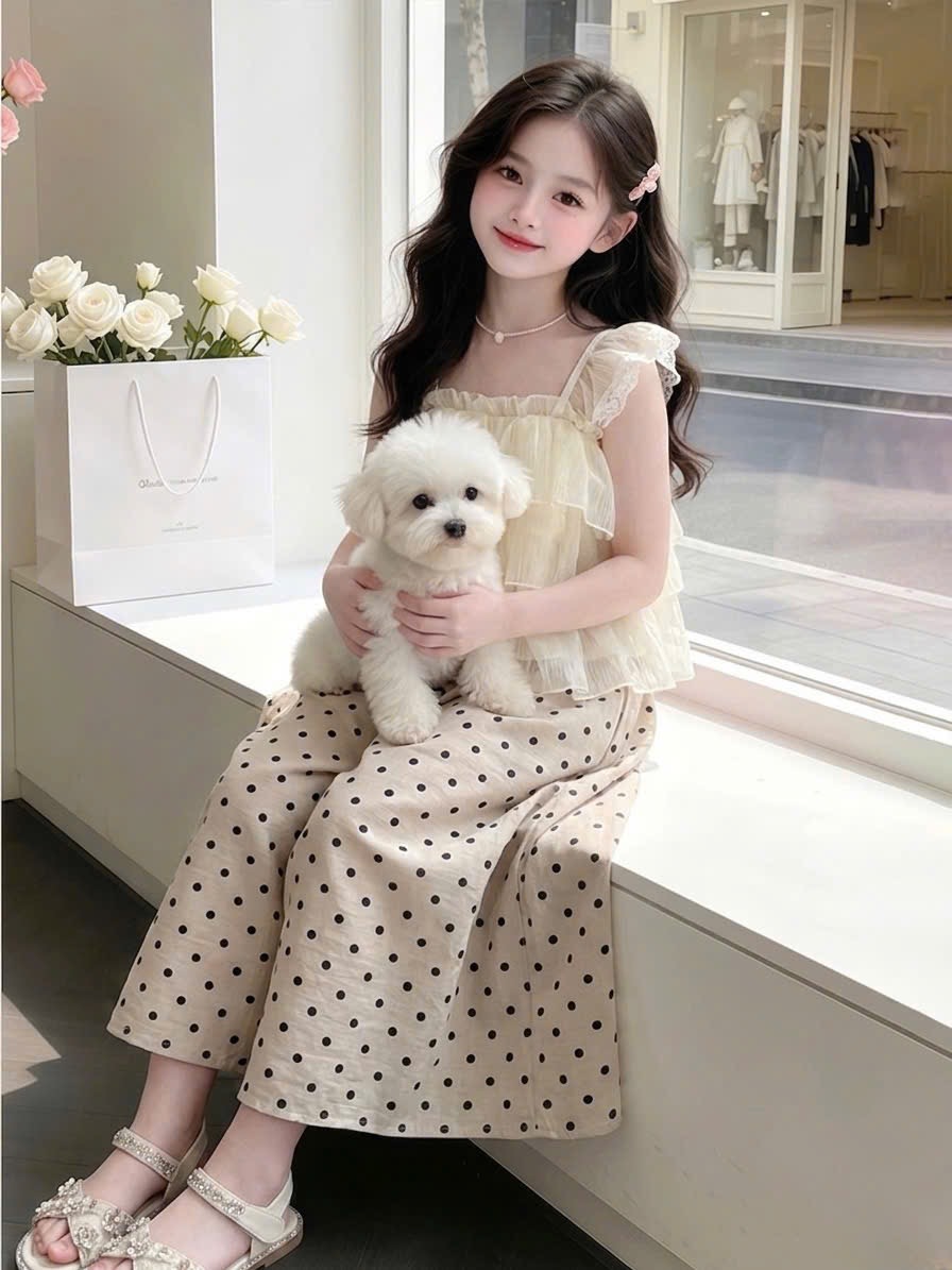 Sét áo 2 dây tầng quần xuông chấm bi sn