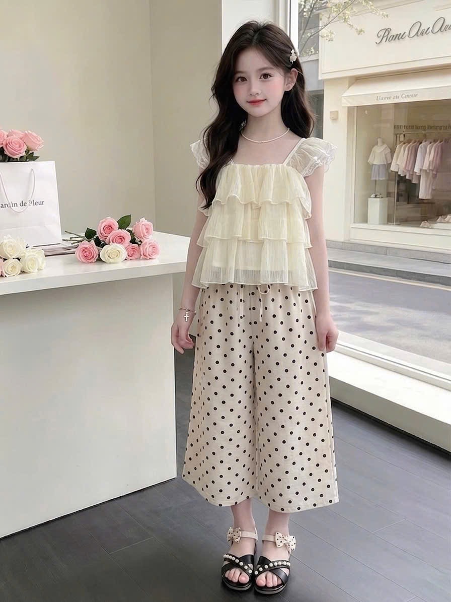Sét áo 2 dây tầng quần xuông chấm bi sn