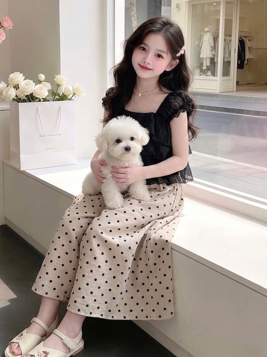 Sét áo 2 dây tầng quần xuông chấm bi sn