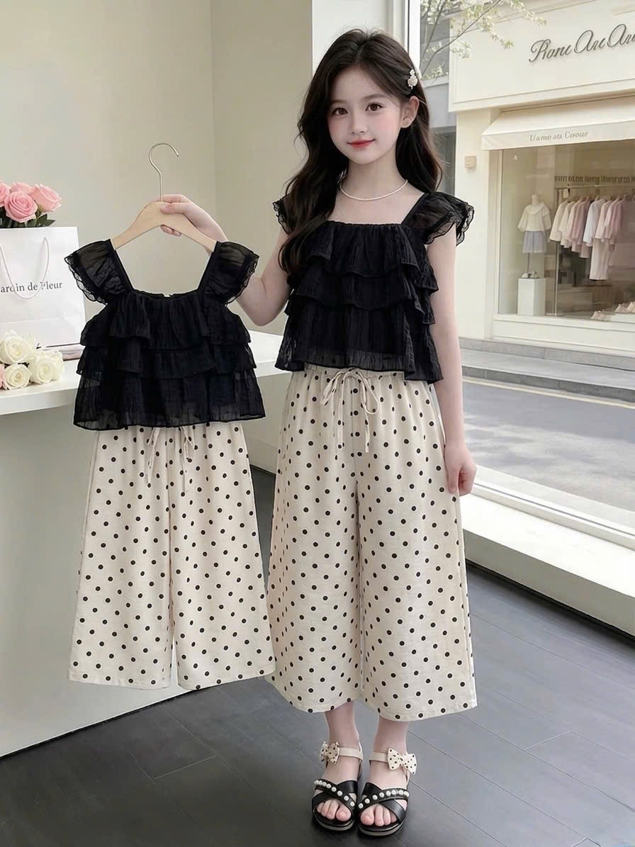 Sét áo 2 dây tầng quần xuông chấm bi sn