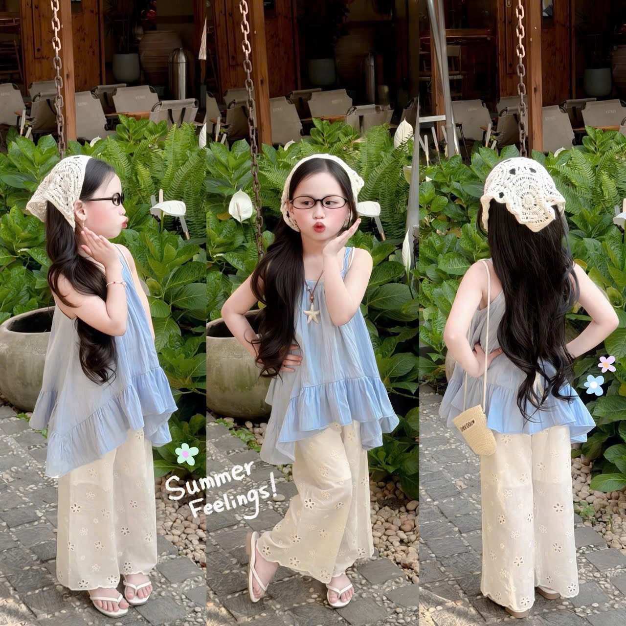 Sét áo 2 dây xanh dương kèm quần xuông bé gái