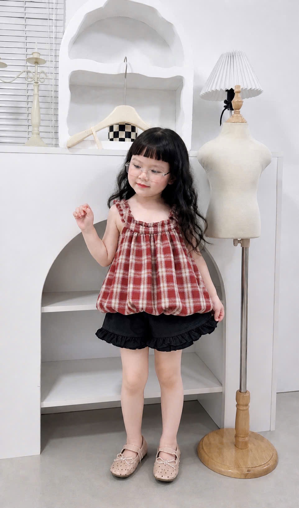 Sét áo caro 2 dây bồng quần đũi bèo bé gái