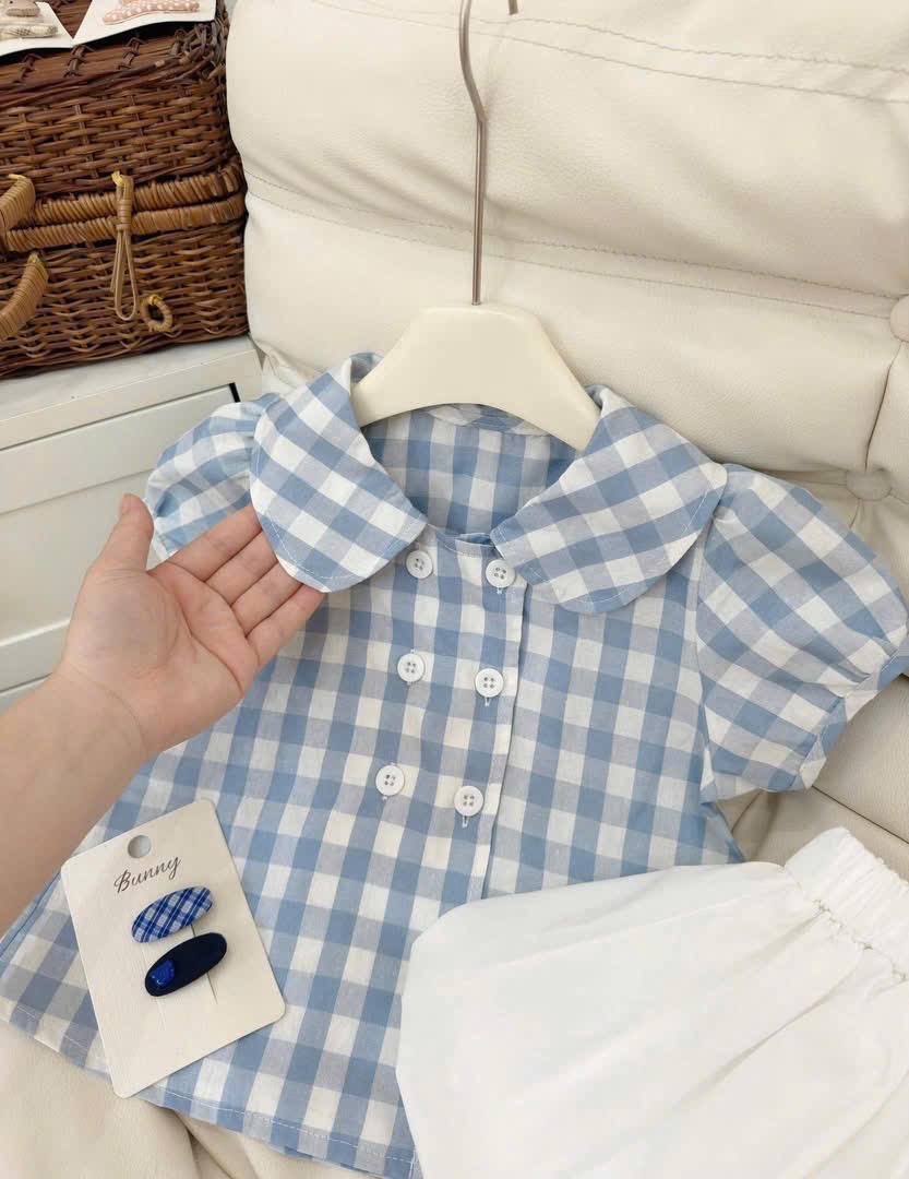 Sét áo caro xanh cv trắng bé gái