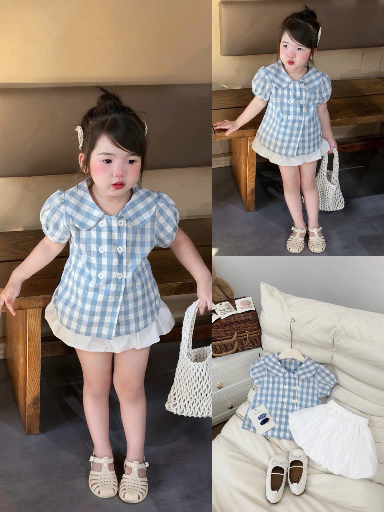 Sét áo caro xanh cv trắng bé gái