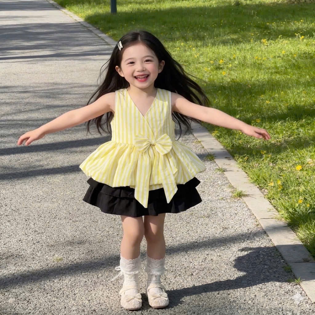 Sét áo cổ yếm vàng cv tầng đen bé gái