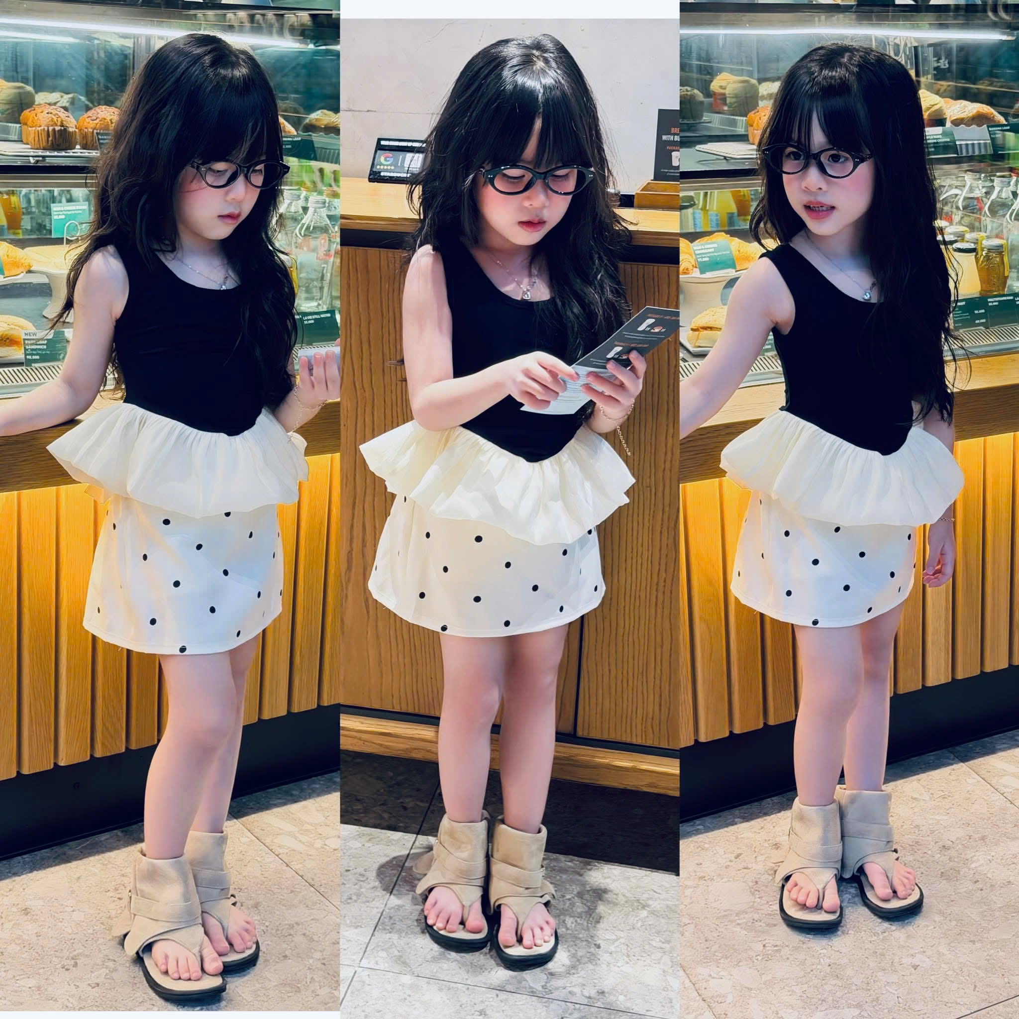 Sét áo cotton phối bèo cv chấm bi bé gái