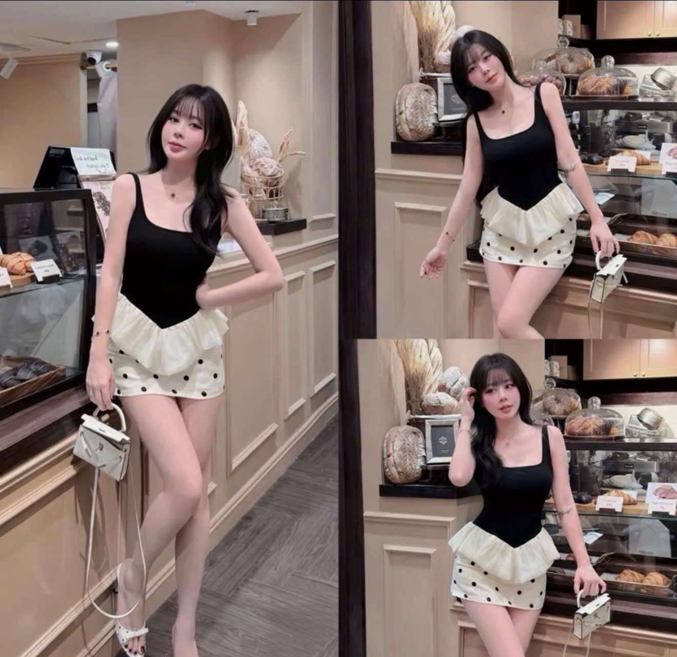 Sét áo cotton phối bèo cv chấm bi bé gái