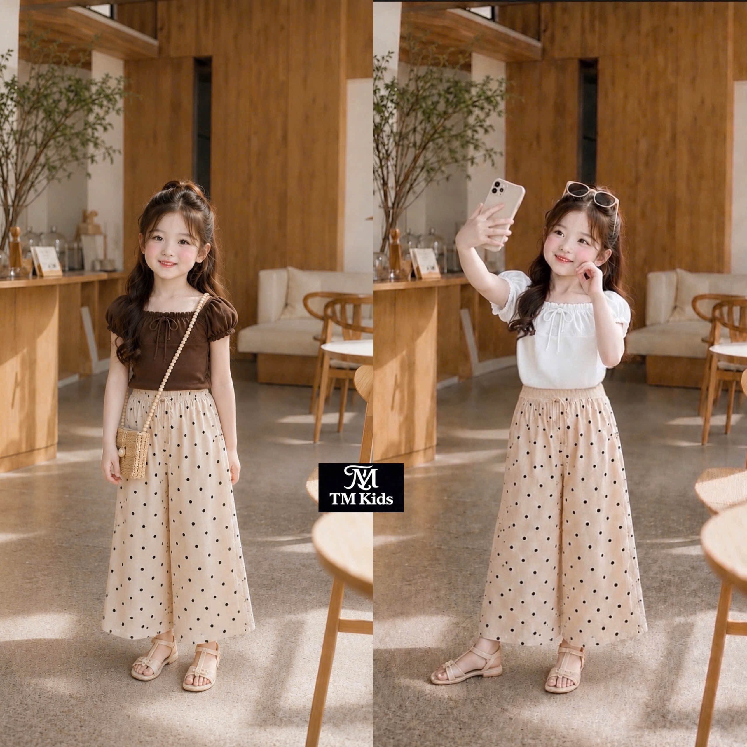 Sét áo cotton phối ren quần xuông bi tm bé gái