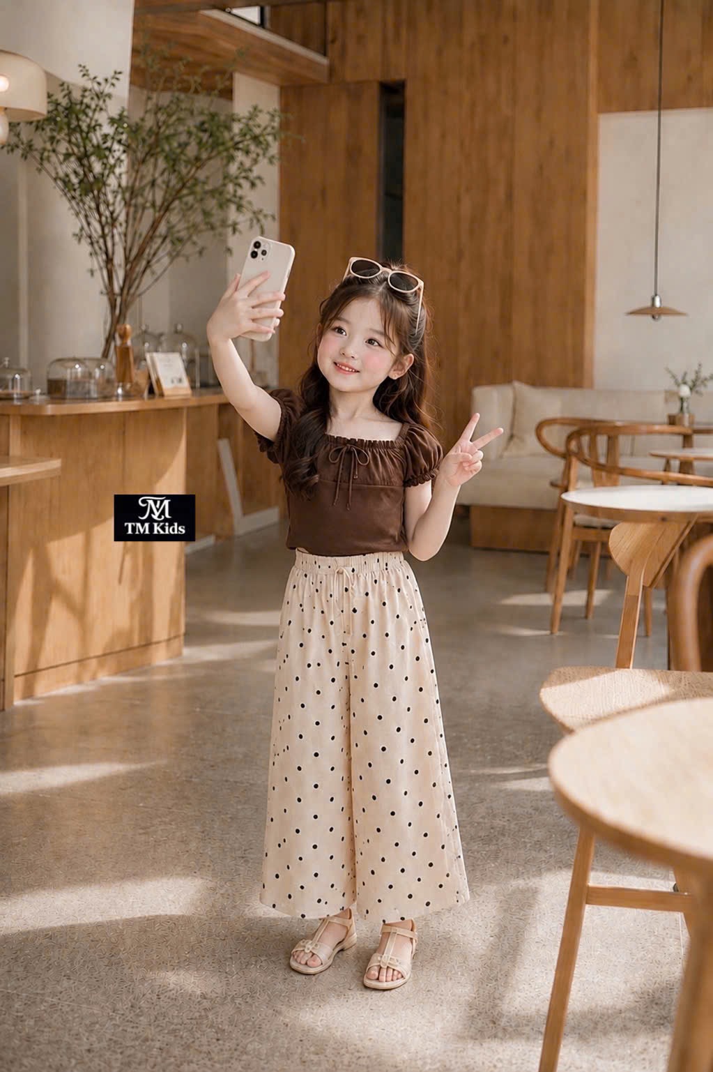 Sét áo cotton phối ren quần xuông bi tm bé gái
